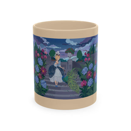 🦚🌸 The Lady & The Peacock On The Garden Steps Ceramic Mug – Art Deco Garden Elegance