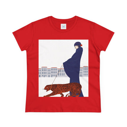 🐆🖤 The Lady With The Leopard Cotton Tee – Art Deco Fashion Illustration