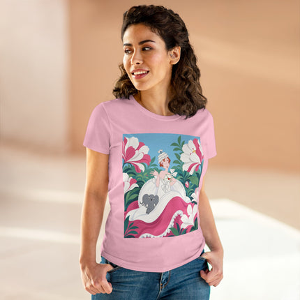 🌸🐘 The Pink Blossom Companion Cotton Tee – Art Deco Floral Whimsy