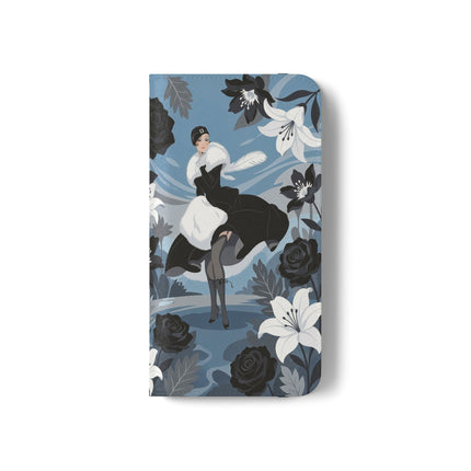 🖤🤍 The Lady Of The Black Rose Garden Flip Case – Art Deco Floral Elegance