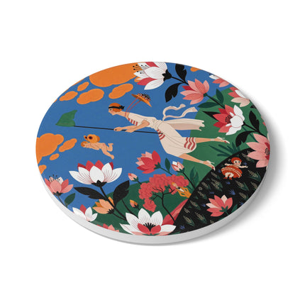 🪁🌺 The Lady Of The Flying Garden Ceramic Coaster – Art Deco Floral Fantasy