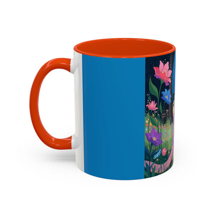 The Lady And The Moonlit Peak Colorful Mugs – Art Deco Alpine Garden Elegance