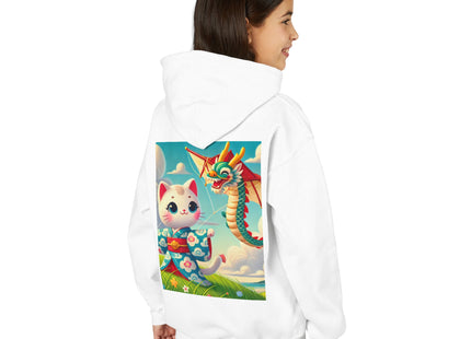 Geisha Kitten and the Dragon Kite Youth Heavy Blend Hooded Sweatshirt