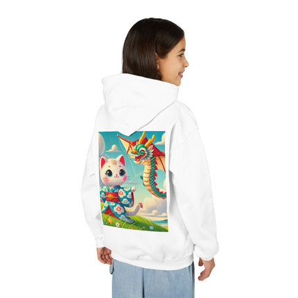 Geisha Kitten and the Dragon Kite Youth Hooded Sweatshirt – Bold Energy & Sky-High Adventure