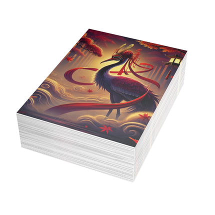 Regal Crimson Crane in the Autumn Mist Postcards (envelopes included) - Bundles of 10, 30, 50 Pieces