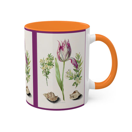 Tulip, Branches of Myrtle and Shells by Maria Sibylla Merian Colorful Mugs, 11oz