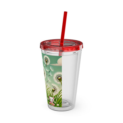 Geisha Kitten and the Dandelion Wish Sunsplash Tumbler with Straw, 16oz
