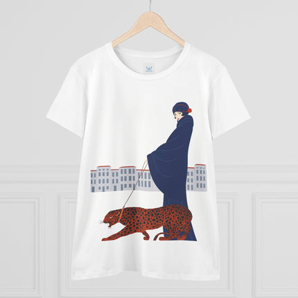 🐆🖤 The Lady With The Leopard Cotton Tee – Art Deco Fashion Illustration