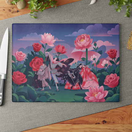🌹🎭 The Rose Garden Masquerade Glass Cutting Board – Art Deco Floral Fantasy