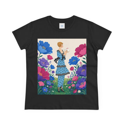 🐇🌺 The Little Rabbit Garden Cotton Tee – Art Deco Floral Whimsy
