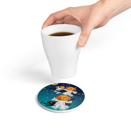🐈‍⬛🎃 The Flying Black Cats Of Halloween Ceramic Coaster – Whimsical Storybook Charm