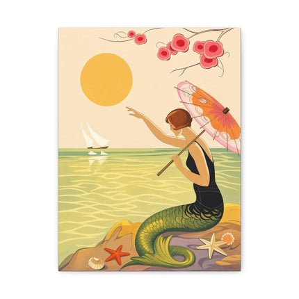 🧜‍♀️☂️ The Mermaid With The Parasol Matte Canvas – Art Deco Seaside Fantasy