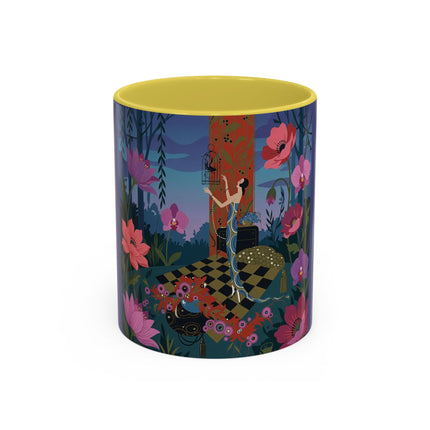 The Lady And The Midnight Birdcage Colorful Mugs – Art Deco Botanical Elegance