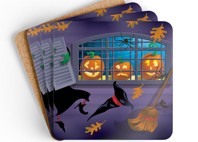 Whimsical Halloween Mischief Corkwood Coaster Set