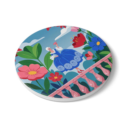 🌺🪭 The Lady Of The Grand Flower Terrace Ceramic Coaster – Art Deco Garden Elegance