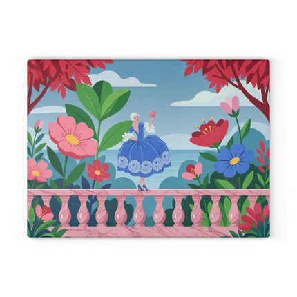 🌸💙 The Lady Of The Garden Terrace Glass Cutting Board – Art Deco Floral Fashion Elegance