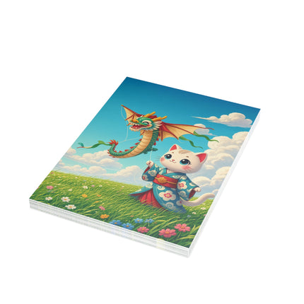 🐉🌼 The Dragon Kite Meadow Kitten Greeting Card – Whimsical Floral Adventure