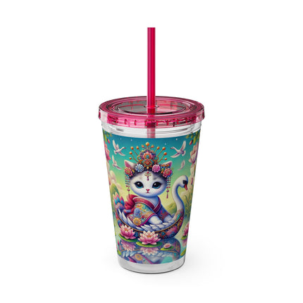 Geisha Kitten’s River Voyage Sunsplash Tumbler with Straw, 16oz