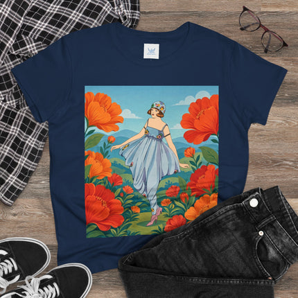 🌺🩵 The Poppy Hill Promenade Cotton Tee – Art Deco Fashion Whimsy