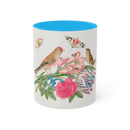 Pair of Brown Birds on Bouquet with Tulip, Rose, Snapdragons, and Butterflies by Anonymous Colorful Mugs, 11oz