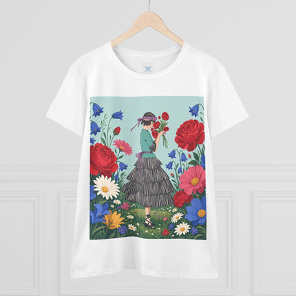 🌹💙 The Rose Bouquet Promenade Cotton Tee – Art Deco Floral Whimsy