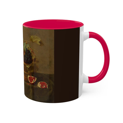 Basket of Grapes and a Pomegranate on a Table by Jacob van Hulsdonck Colorful Mugs, 11oz