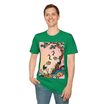 🐦🌸 The Enchanted Crane Garden Softstyle T-Shirt – Oriental Elegance & Colorful Harmony