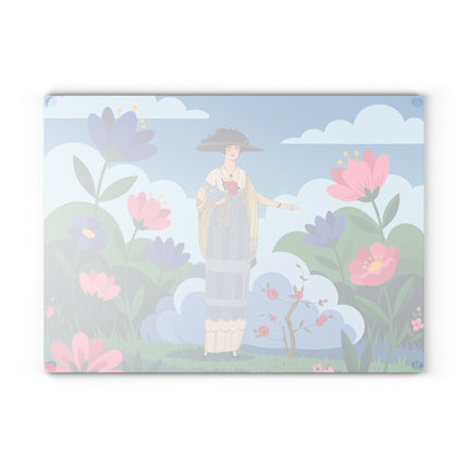 🌸🎀 The Lady Of The Rose Garden Glass Cutting Board – Art Deco Floral Fashion Elegance