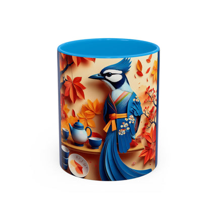 Blue Jay at an Autumn Tea Ceremony Colorful Mugs (11oz, 15oz)