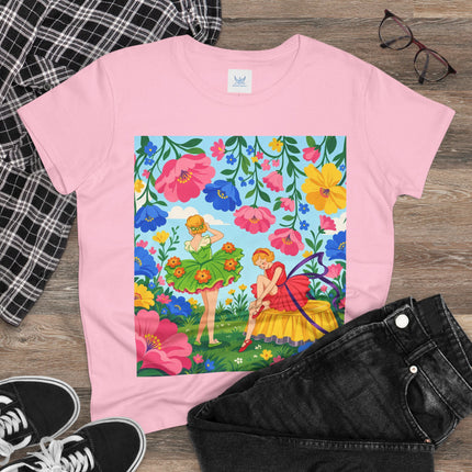 🌸🧚 The Fairies In The Flower Garden Cotton Tee – Art Deco Floral Whimsy