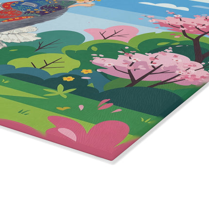 🦚🌸 The Peacock Garden Stroll Glass Cutting Board – Art Deco Fashion Elegance