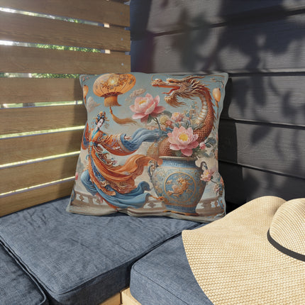Golden Dragon & Lantern Lady Outdoor Pillows – Imperial Dragon & Elegant Harmony