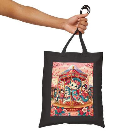 Geisha Kitten's Enchanted Carousel Ride Cotton Canvas Tote Bag – Whimsical Dreams & Cherry Blossom Magic