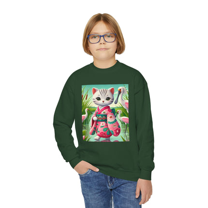 Geisha Kitten Strolls Among the Spoonbills Youth Crewneck Sweatshirt – Grace, Nature & Whimsical Elegance