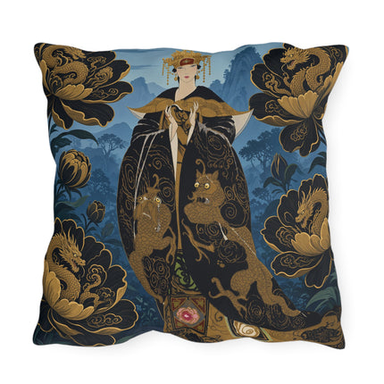 🐉🌺 The Golden Dragon Empress Outdoor Pillow – Art Deco Oriental Fantasy
