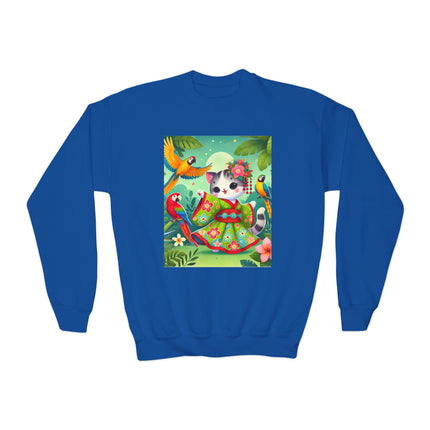 Parrot Dance of the Geisha Kitten Youth Crewneck Sweatshirt – Color, Rhythm & Joyful Expression