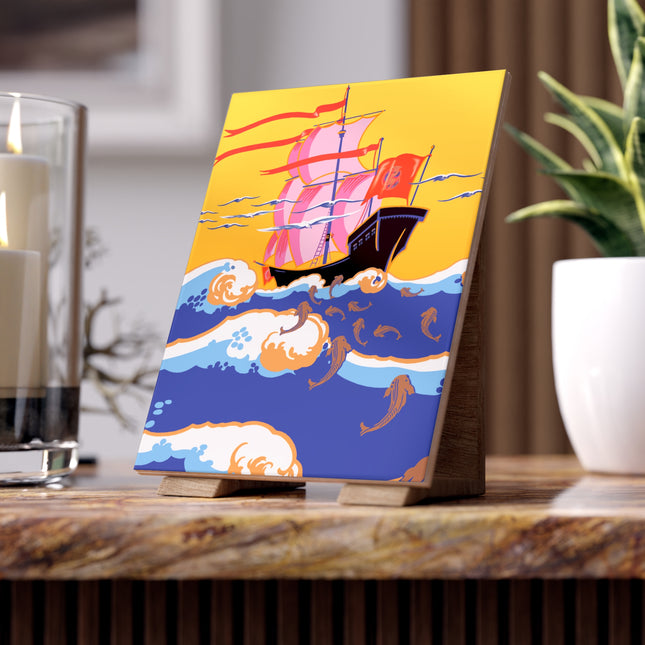 Golden Seas and Whimsical Dreams Ceramic Tile
