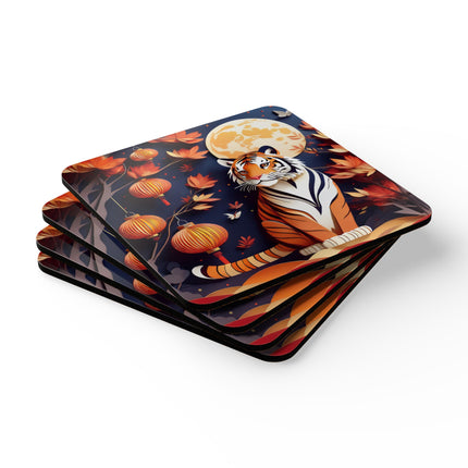 Tiger at an Autumn Moon Viewing Corkwood Coaster Set