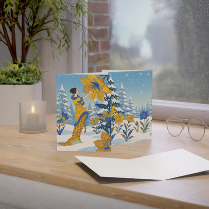🌼❄️ The Lady Of The Golden Winter Blossom Greeting Card – Art Deco Holiday Elegance