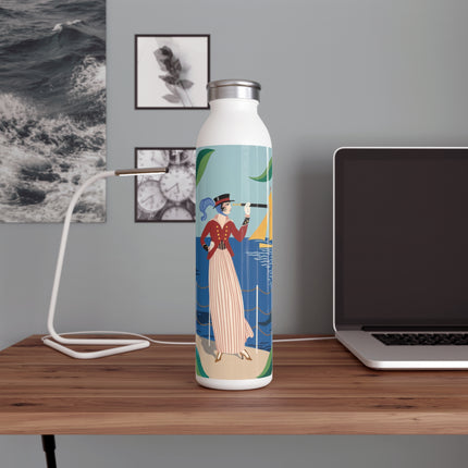 ⚓🌸 The Lady At The Seaside Slim Water Bottle – Art Deco Nautical Floral Whimsy