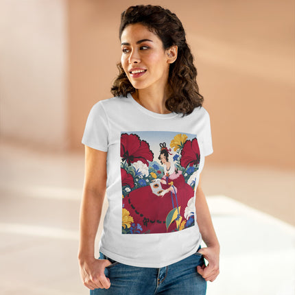 ❤️🌺 The Scarlet Garden Storybook Cotton Tee – Art Deco Floral Elegance