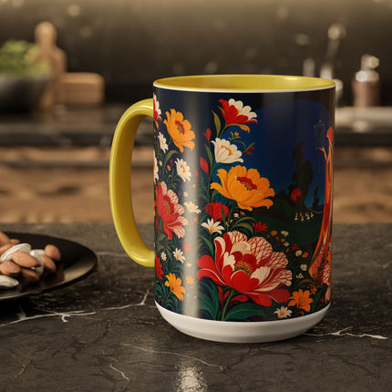 🌺🐦 The Enchanted Birdcage Garden Colorful Mug – Art Deco Floral Fantasy