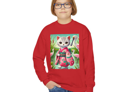 Geisha Kitten Strolls Among the Spoonbills Youth Crewneck Sweatshirt