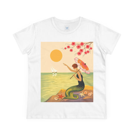 🧜‍♀️🌸 The Mermaid Beneath The Blossoms Cotton Tee – Art Deco Seaside Fantasy