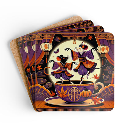 Theatrical Halloween Kabuki Mice on Teacup Corkwood Coaster Set