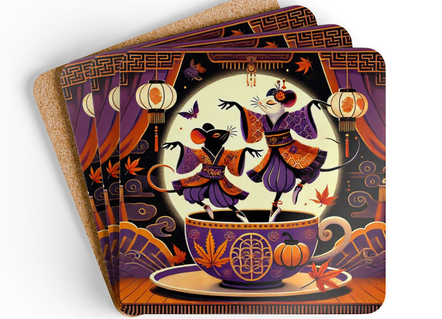 Theatrical Halloween Kabuki Mice on Teacup Corkwood Coaster Set
