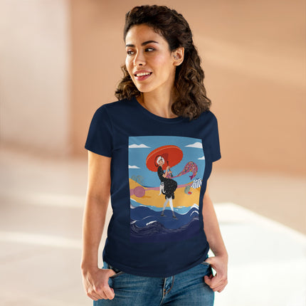 Beachside Promenade Women's Midweight Cotton Tee – Summer Glamour & Coastal Joy