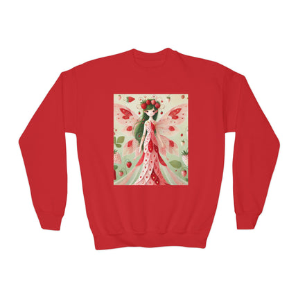 Strawberry Fairy Delight Youth Crewneck Sweatshirt – Sweet Magic, Nature & Whimsical Joy