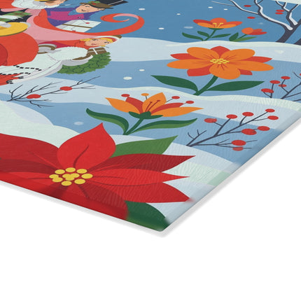 🎄🌺 The Christmas Carolers In The Poinsettia Garden Glass Cutting Board – Whimsical Holiday Fantasy