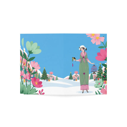🐦🌸 The Lady Of The Christmas Songbird Greeting Card – Art Deco Holiday Charm